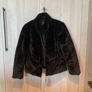 High Collar Faux Fur Jacket - Black